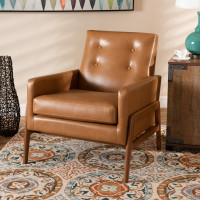 Baxton Studio BBT8042-Tan/Walnut-CC Perris Mid-Century Modern Tan Faux Leather Upholstered and Walnut Brown Finished Wood Lounge Chair